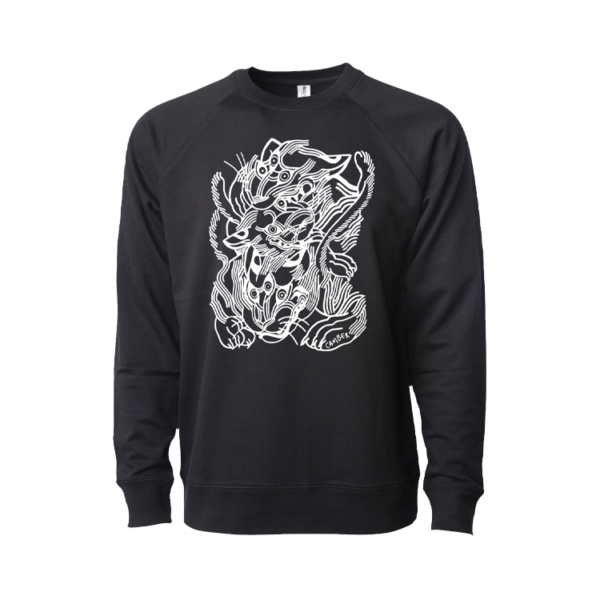 Black crewneck sweatshirt with tiger printed on front.