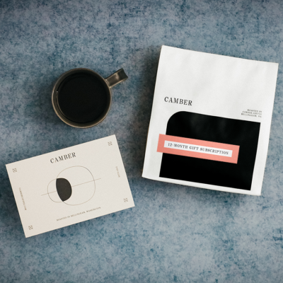 Overhead photo of coffee bag, mug and card